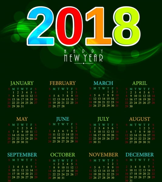 [ai] 2018 calendar template green bokeh background colorful numbers Free vector 7.47MB