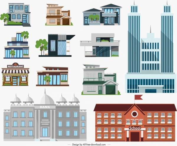 [ai] Architectural buildings icons colored modern design Free vector 3.63MB