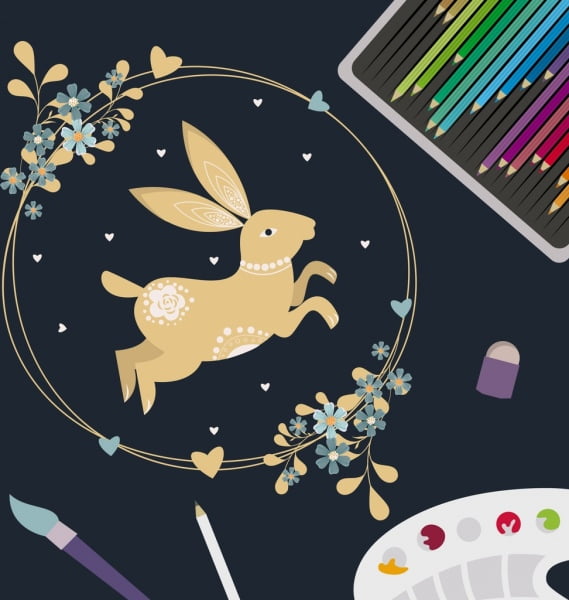 [ai] Artwork background rabbit flower wreath pencils icons Free vector 4.20MB