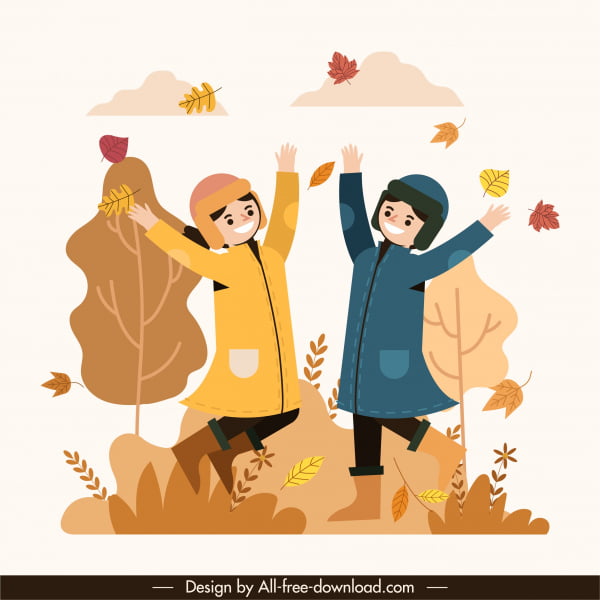 [ai] Autumn painting active joyful friends falling leaves sketch Free vector 1.21MB