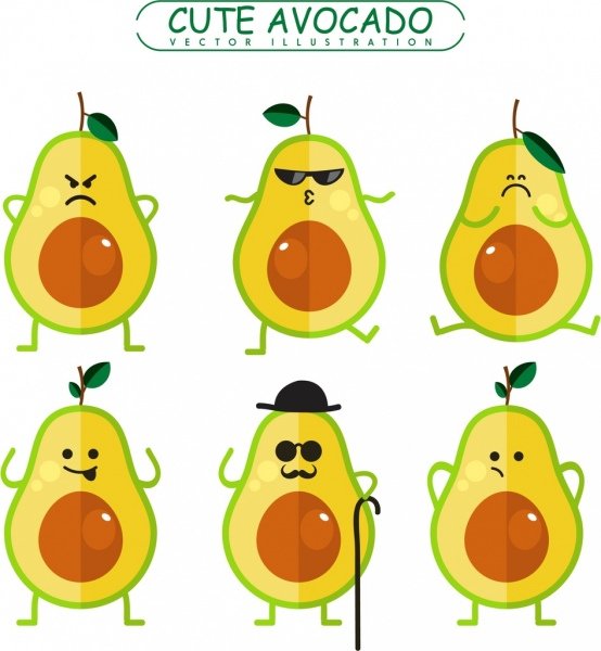 [ai] Avocado emotional icons cute stylized style colored flat Free vector 2.89MB