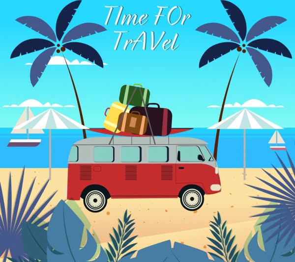 [ai] Beach travel banner bus baggage icons colored cartoon Free vector 3.83MB