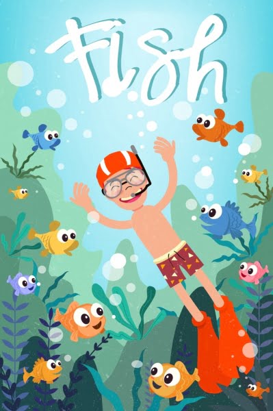[ai] Beach vacation drawing snorkeling boy fish icons decor Free vector 6.53MB
