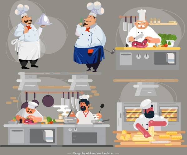 [ai] Chef work icons cartoon characters colorful design Free vector 3.22MB