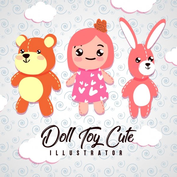 [ai] Childhood background cute dolls toys icons decoration Free vector 4.06MB