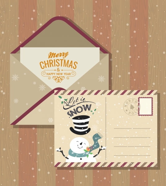 [ai] Christmas postcard template classical snowman snowflakes decor Free vector 5.34MB