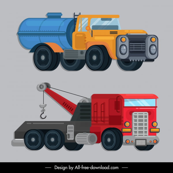 [ai] Construction vehicles icons tanker mobile crane sketch Free vector 1.36MB