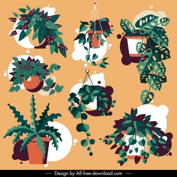 [ai] Decorative plant pot icons colored classic design Free vector 2.92MB