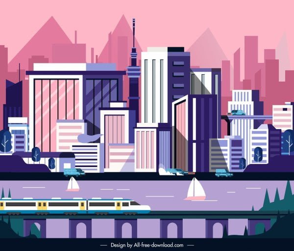 [ai] Downtown painting skyscrapers train riverside scene sketch Free vector 2.70MB