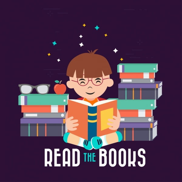 [ai] Education background boy reading books icon colored cartoon Free vector 1.69MB