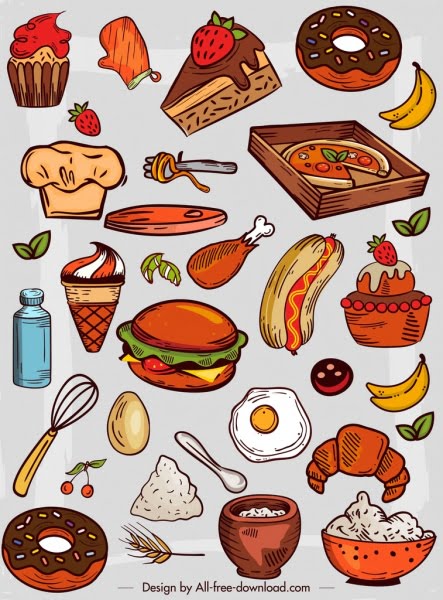 [ai] Food icons colorful retro design Free vector 5.13MB