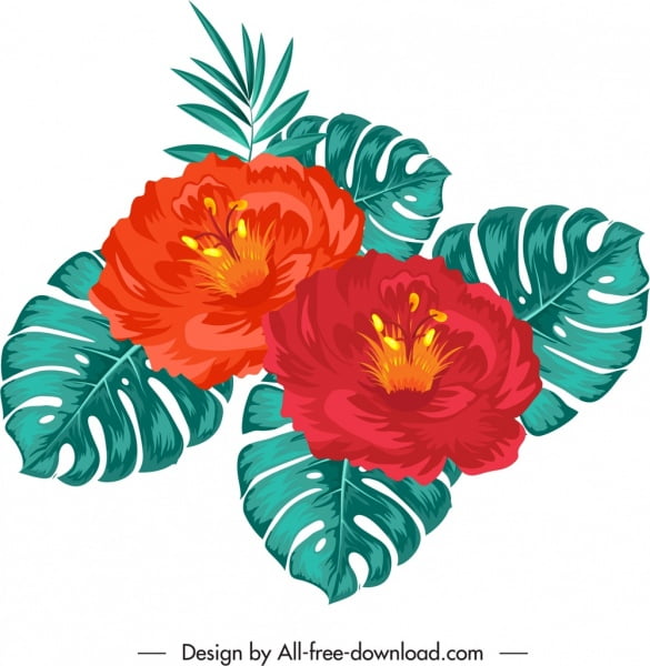 [ai] Hibiscus painting red green classical sketch Free vector 3.64MB