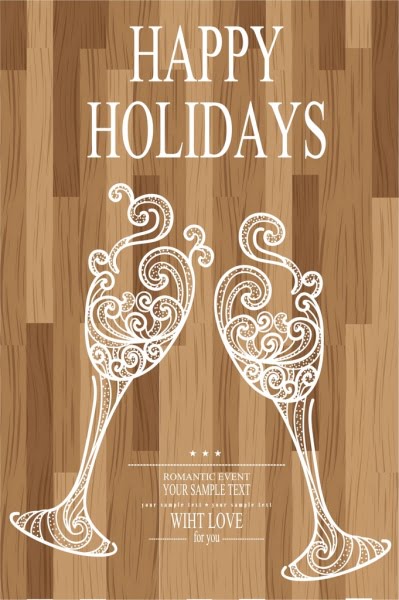 [ai] Holiday banner wine glasses icons wooden backdrop Free vector 3.89MB
