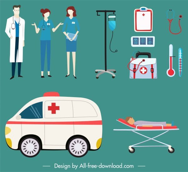 [ai] Hospital design elements doctor nurse ambulance equipment sketch Free vector 3.64MB