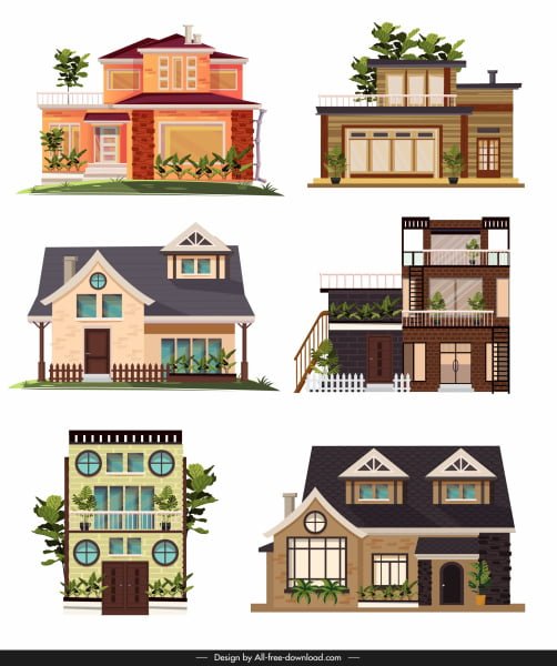 [ai] House architecture icons colorful modern design Free vector 7.94MB
