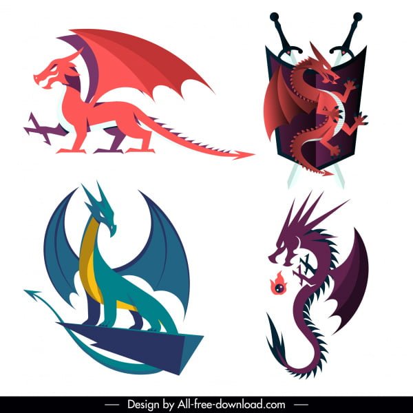 [ai] Legendary dragon icons western design colored classic sketch Free vector 1.46MB