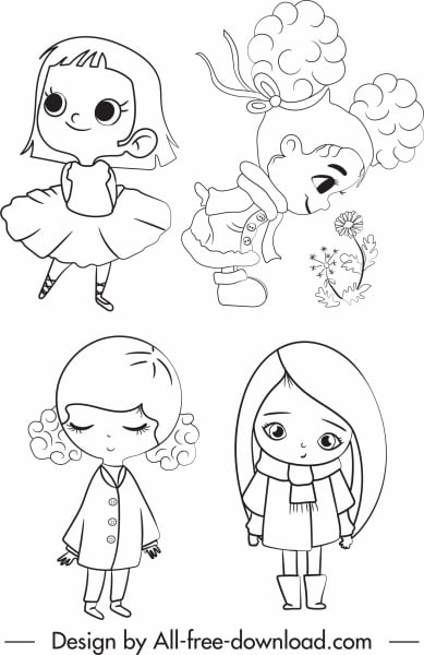 [ai] Little girls icons cute cartoon character handdrawn sketch Free vector 4.12MB