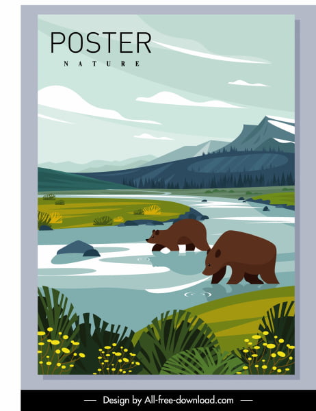 [ai] Nature poster bears hunting river sketch cartoon design Free vector 2.77MB