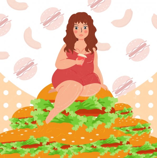 [ai] Obesity banner fat woman food stack colored cartoon Free vector 3.89MB