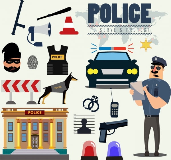 [ai] Police design elements accessories icons colored cartoon Free vector 3.37MB
