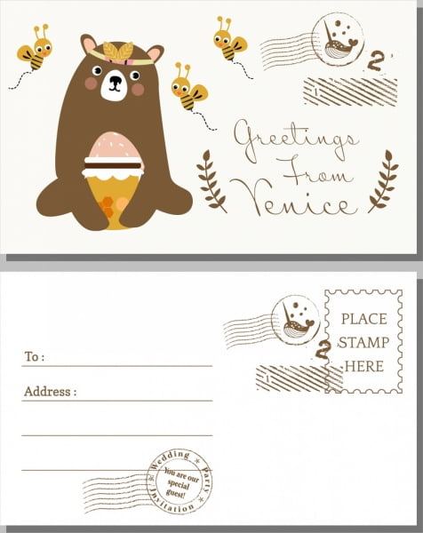 [ai] Postcard cover template bear honey bees icons Free vector 4.64MB