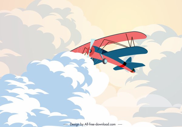 [ai] Retro airplane painting cloudy sky decor cartoon design Free vector 2.30MB