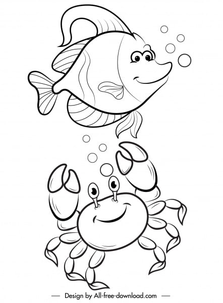 [ai] Sea creatures icons stylized cartoon sketch handdrawn design Free vector 1.38MB