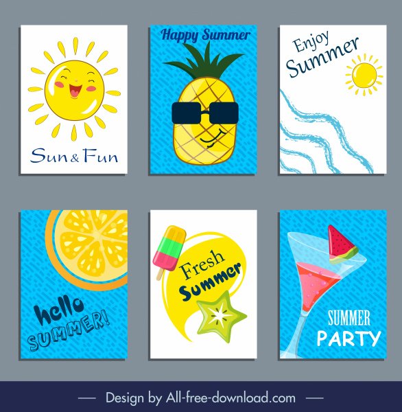 [ai] Summer banners cute colorful flat symbols sketch Free vector 6.17MB
