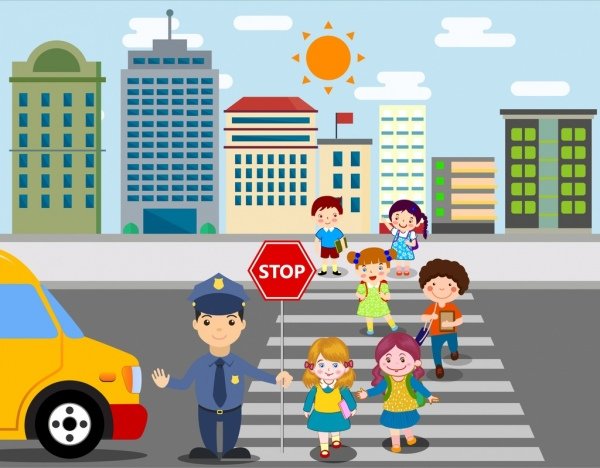 [ai] Traffic drawing schoolchildren crossing street icons colored cartoon Free vector 3.01MB