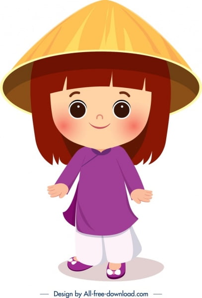 [ai] Vietnam traditional clothes template cute cartoon girl icon Free vector 760.69KB