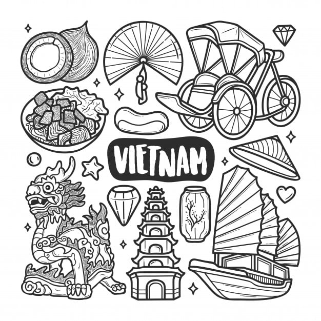 [ai] Vietnam icons hand drawn doodle coloring Free Vector