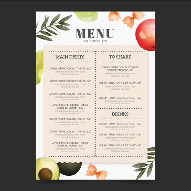 [ai] Watercolor healthy food restaurant menu template Free Vector