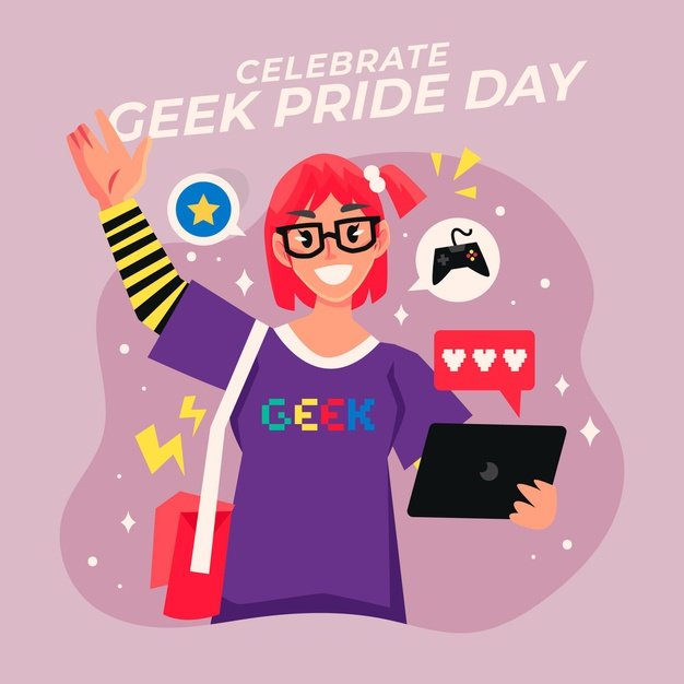 [ai] Geek pride day happy woman wearing glasses Free Vector