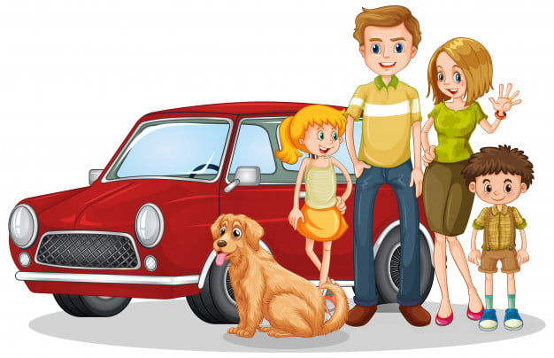 [ai] Happy family in front of car Free Vector