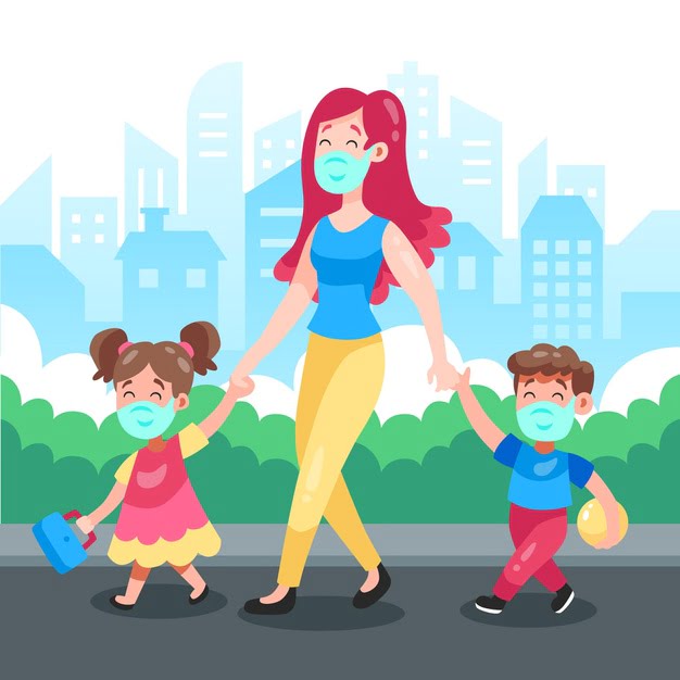 [ai] Mother walking with her children wearing mask Free Vector