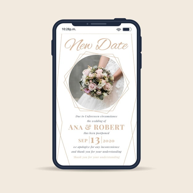 [ai] Postponed wedding announcement with smartphone Free Vector