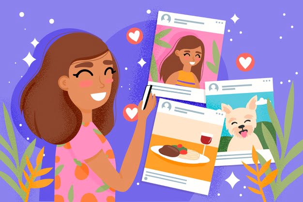 [ai] Sharing content on social media concept with woman Free Vector