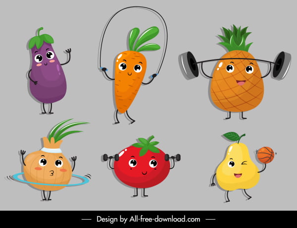 [ai] Fruits icons funny stylized sketch cartoon characters Free vector 2.58MB