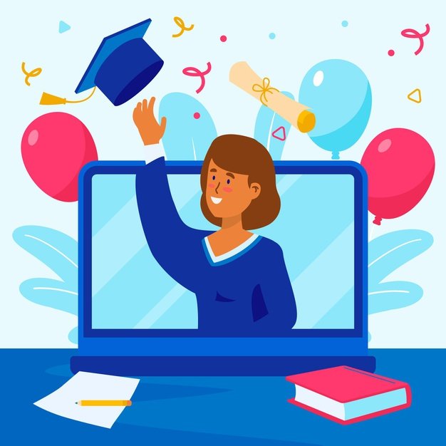 [ai] Virtual graduation ceremony with laptop and balloons Free Vector