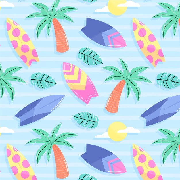 [ai] Summer pattern with palm trees and surfing boards Free Vector