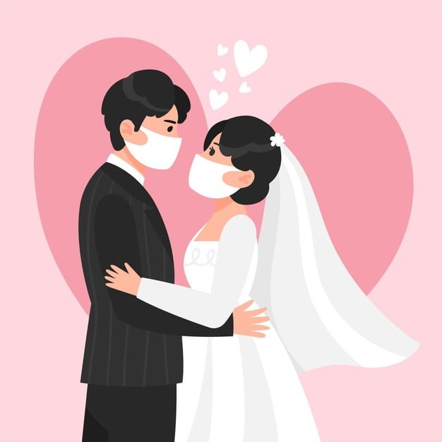 [ai] Wedding couple wearing face masks Free Vector