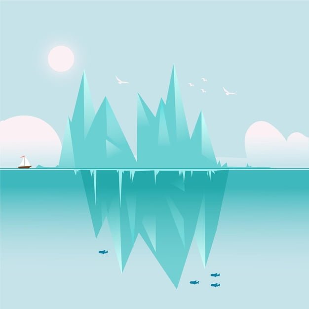 [ai] Iceberg landscape with boat and fishes Free Vector