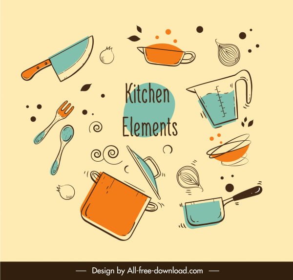 [ai] Kitchenwares icons colored flat handdrawn dynamic sketch Free vector 3.31MB