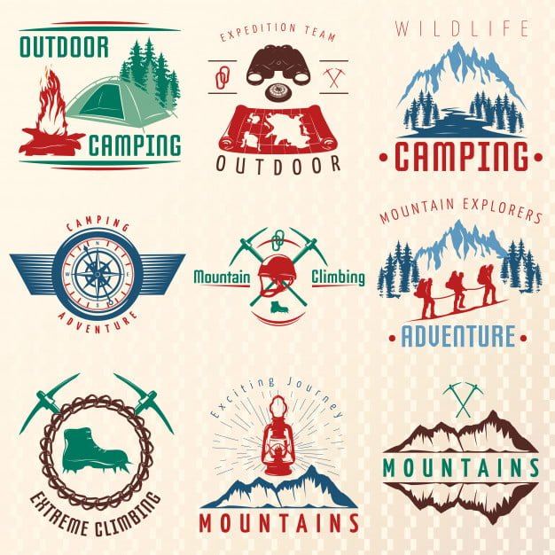 [ai] Mountain expeditions colorful emblems Free Vector