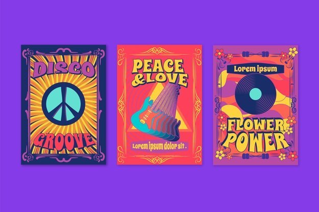 [ai] Psychedelic retro music covers collection Free Vector