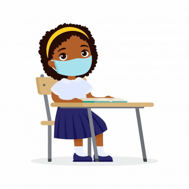 [ai] Pupil at lesson with protective mask on his face flat  illustrations set. dark skin schoolgirl is sitting in a school class at her desk. virus protection, allergies concept. Free Vector