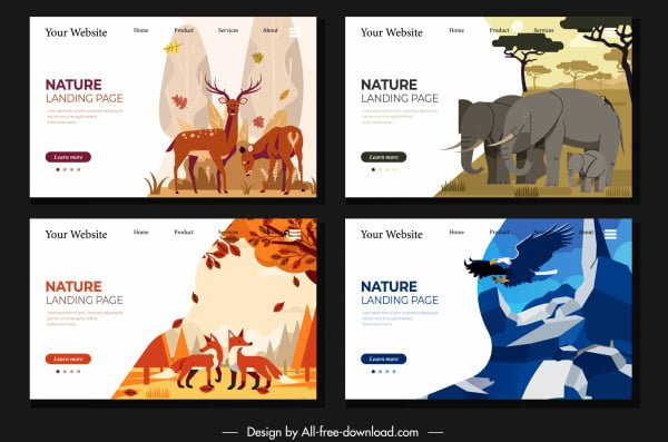 [ai] Wildlife webpage templates reindeers elephant fox eagle sketch Free vector 3.84MB
