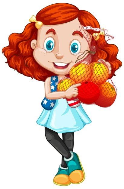 [ai] Cute girl with red hair holding fruits in standing position Free Vector