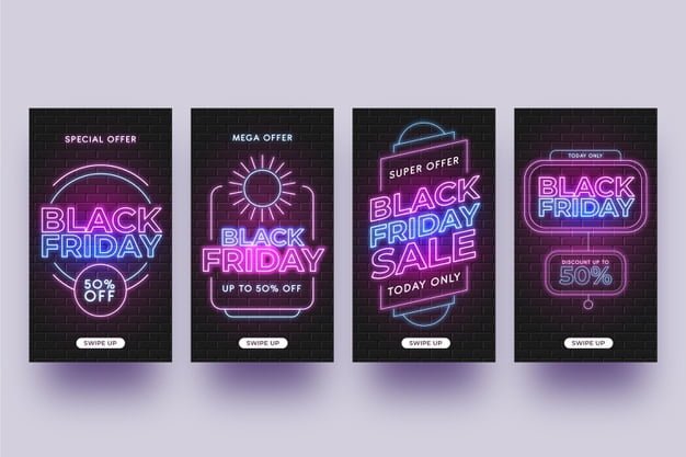 [ai] Neon black friday instagram stories collection Free Vector