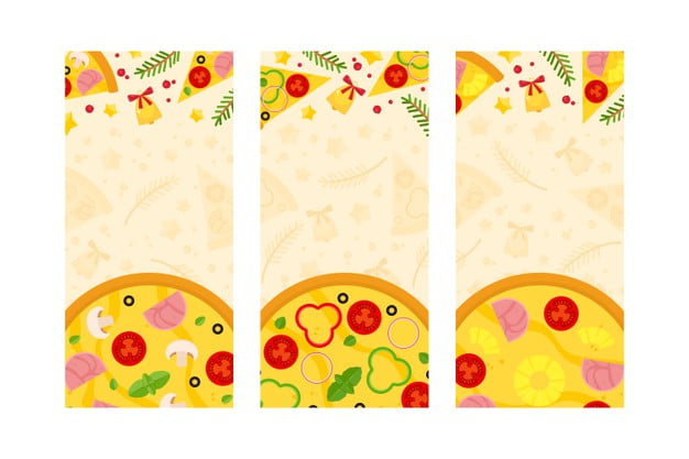 [ai] Set of vertical templates with christmas pizza, spruce branches and jingle bells. Free Vector